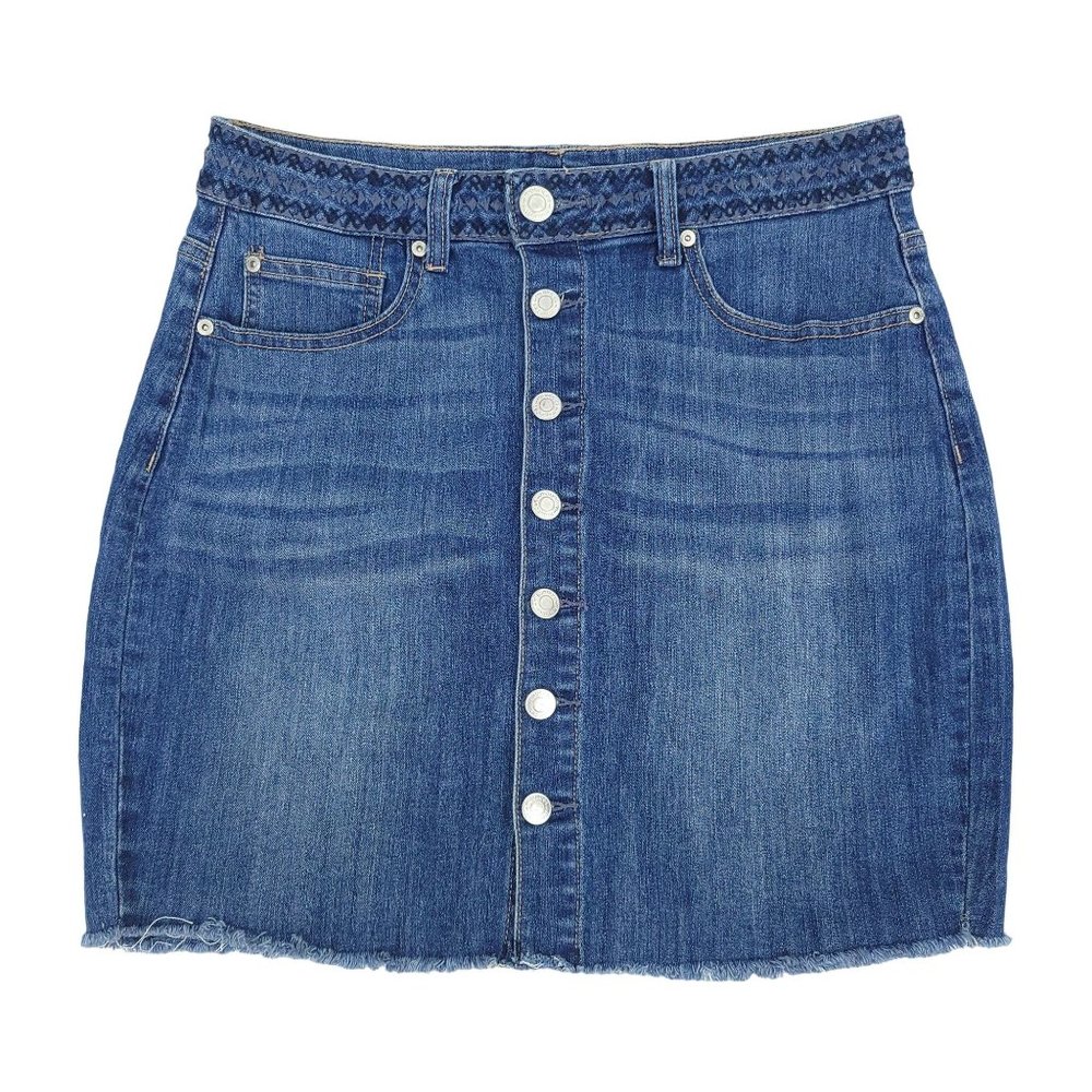 Maurices Jean Denim Mini Skirt 5/6 Button Fringe Hem Stretch Embroidered Waist